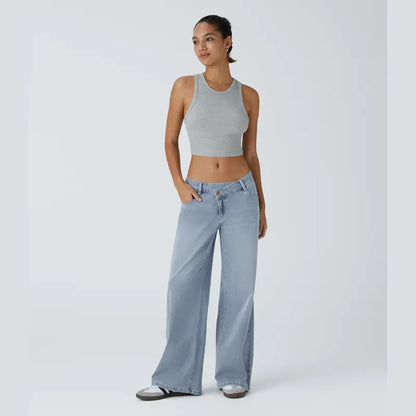 Asymmetrical low-rise loose wide-leg washed casual jeans