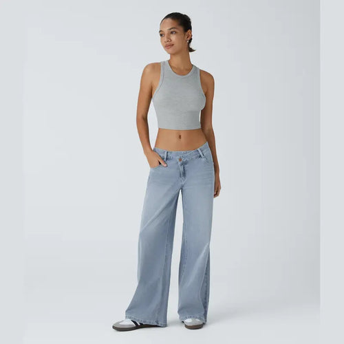 Asymmetrical low-rise loose wide-leg washed casual jeans