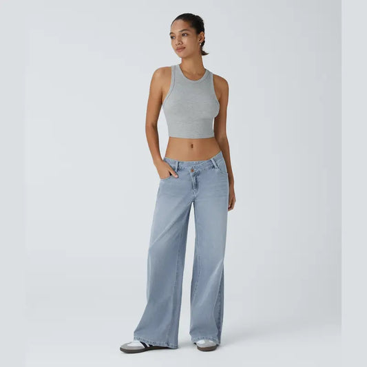 Asymmetrical low-rise loose wide-leg washed casual jeans