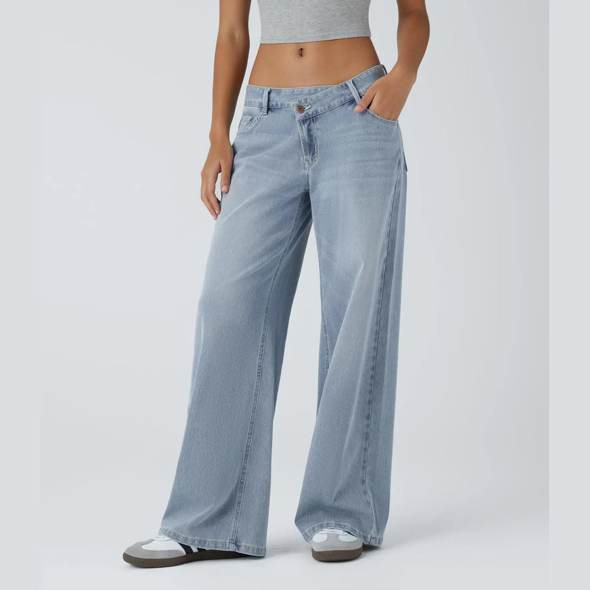 Asymmetrical low-rise loose wide-leg washed casual jeans