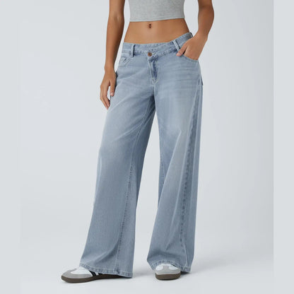 Asymmetrical low-rise loose wide-leg washed casual jeans