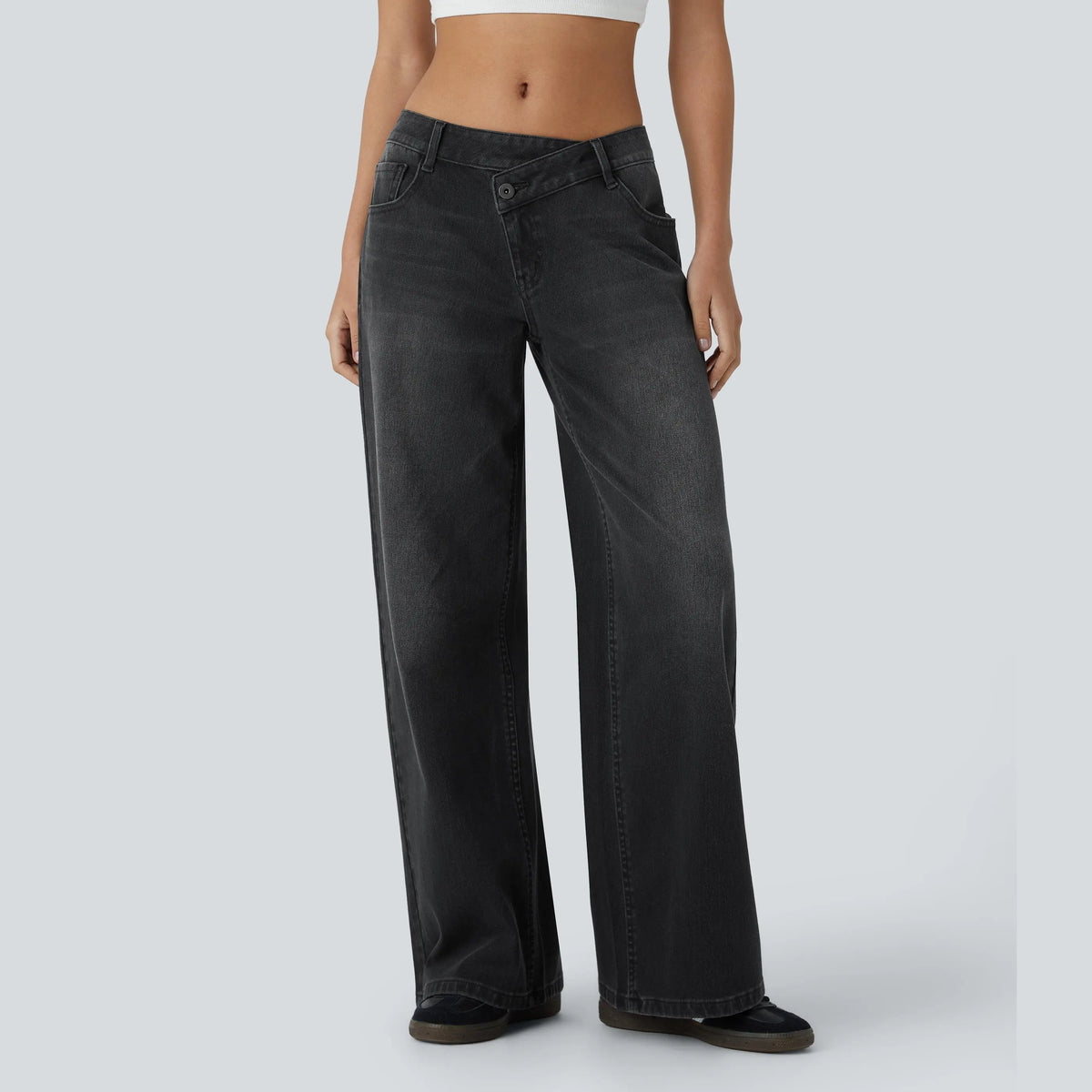Asymmetrical low-rise loose wide-leg washed casual jeans
