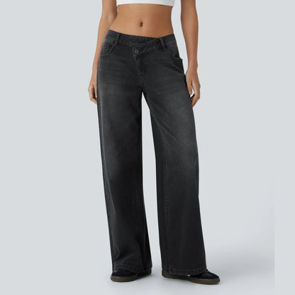 Asymmetrical low-rise loose wide-leg washed casual jeans