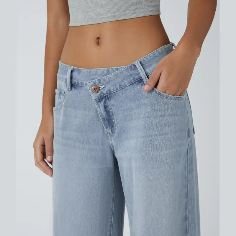 Asymmetrical low-rise loose wide-leg washed casual jeans