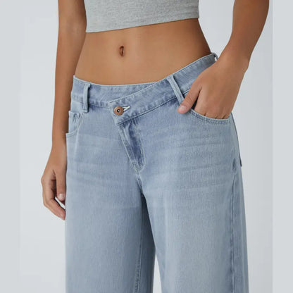 Asymmetrical low-rise loose wide-leg washed casual jeans