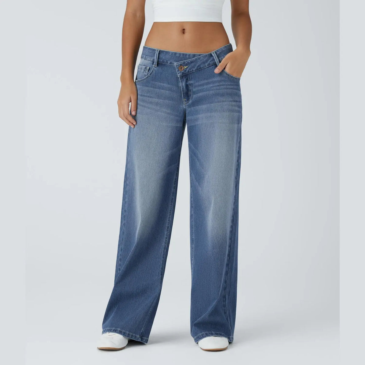 Asymmetrical low-rise loose wide-leg washed casual jeans
