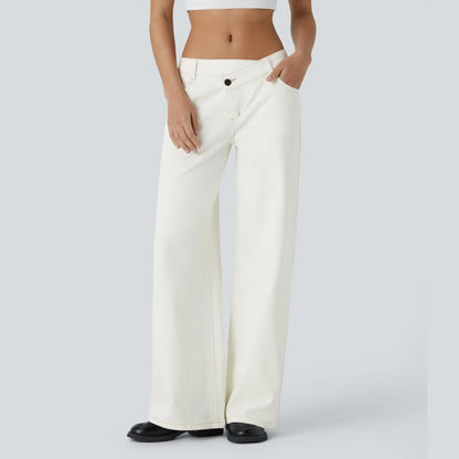 Asymmetrical low-rise loose wide-leg washed casual jeans