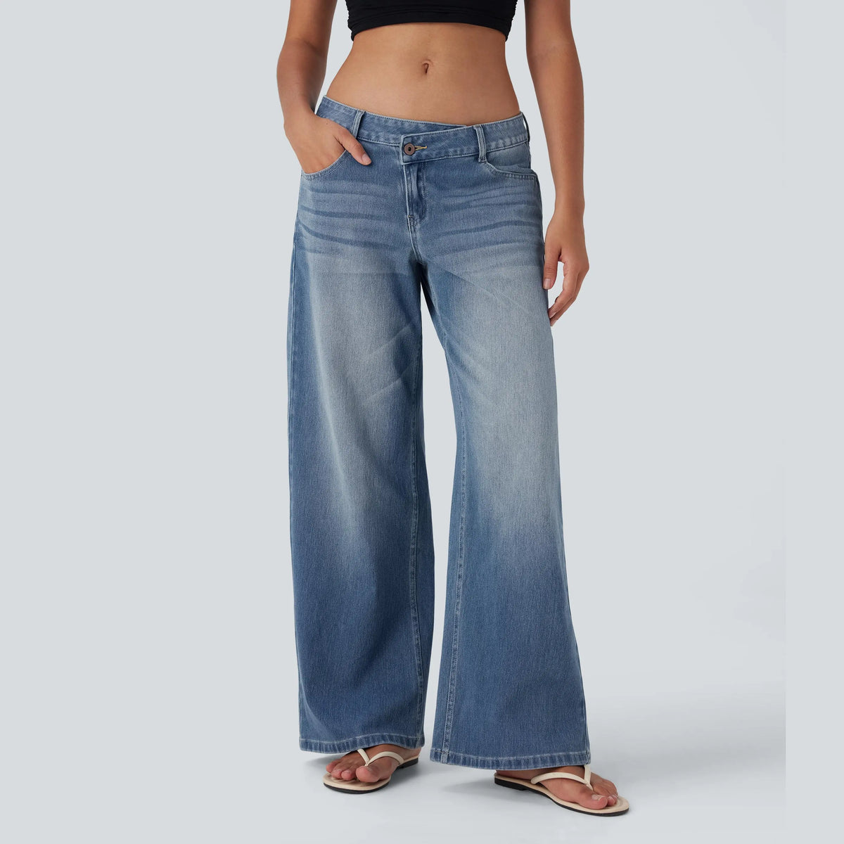 Asymmetrical low-rise loose wide-leg washed casual jeans