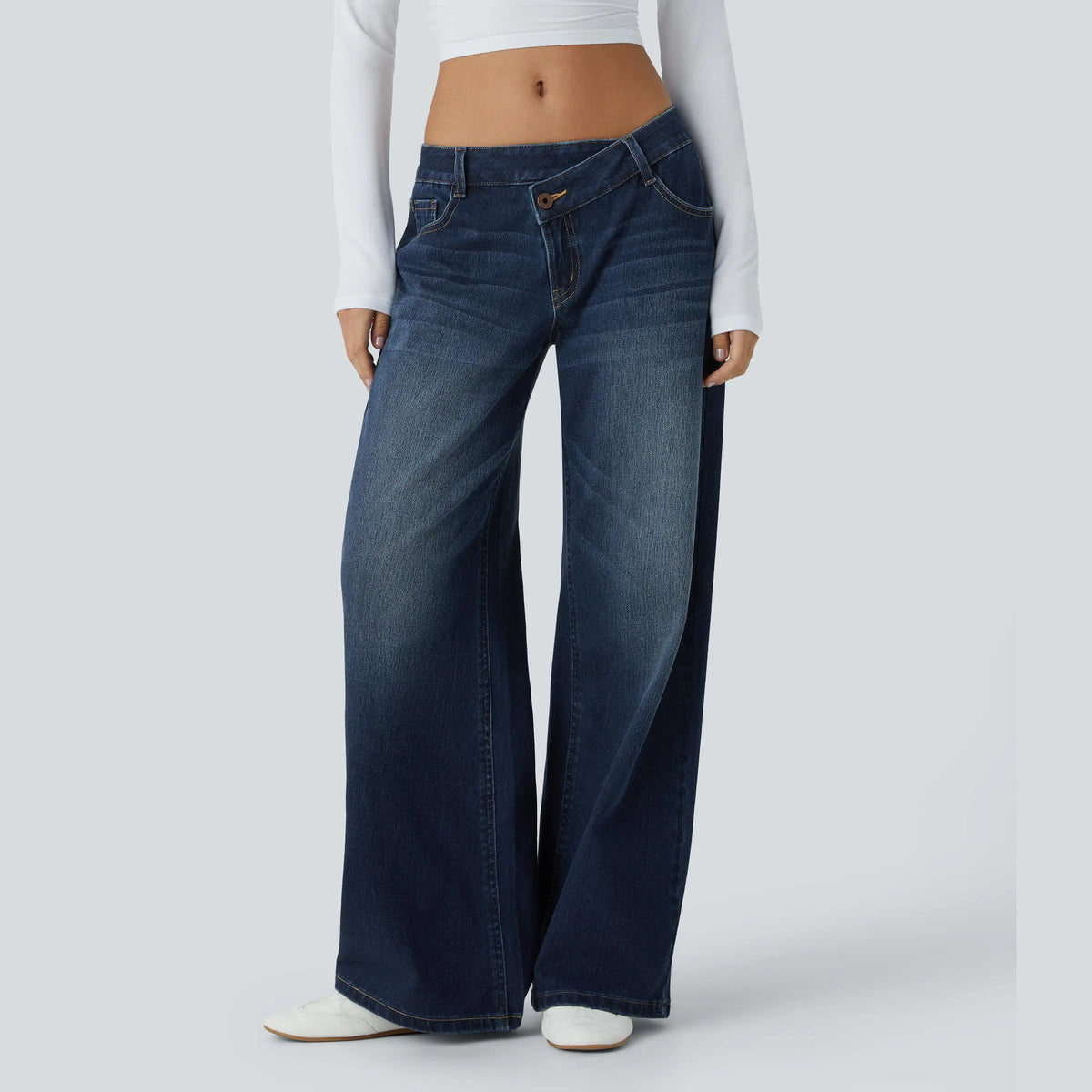 Asymmetrical low-rise loose wide-leg washed casual jeans