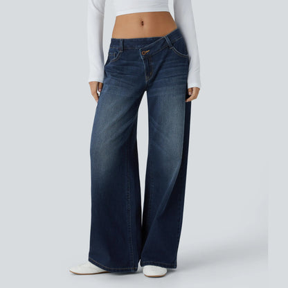 Asymmetrical low-rise loose wide-leg washed casual jeans