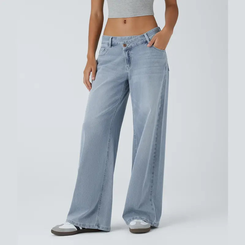 Asymmetrical low-rise loose wide-leg washed casual jeans