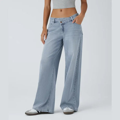 Asymmetrical low-rise loose wide-leg washed casual jeans