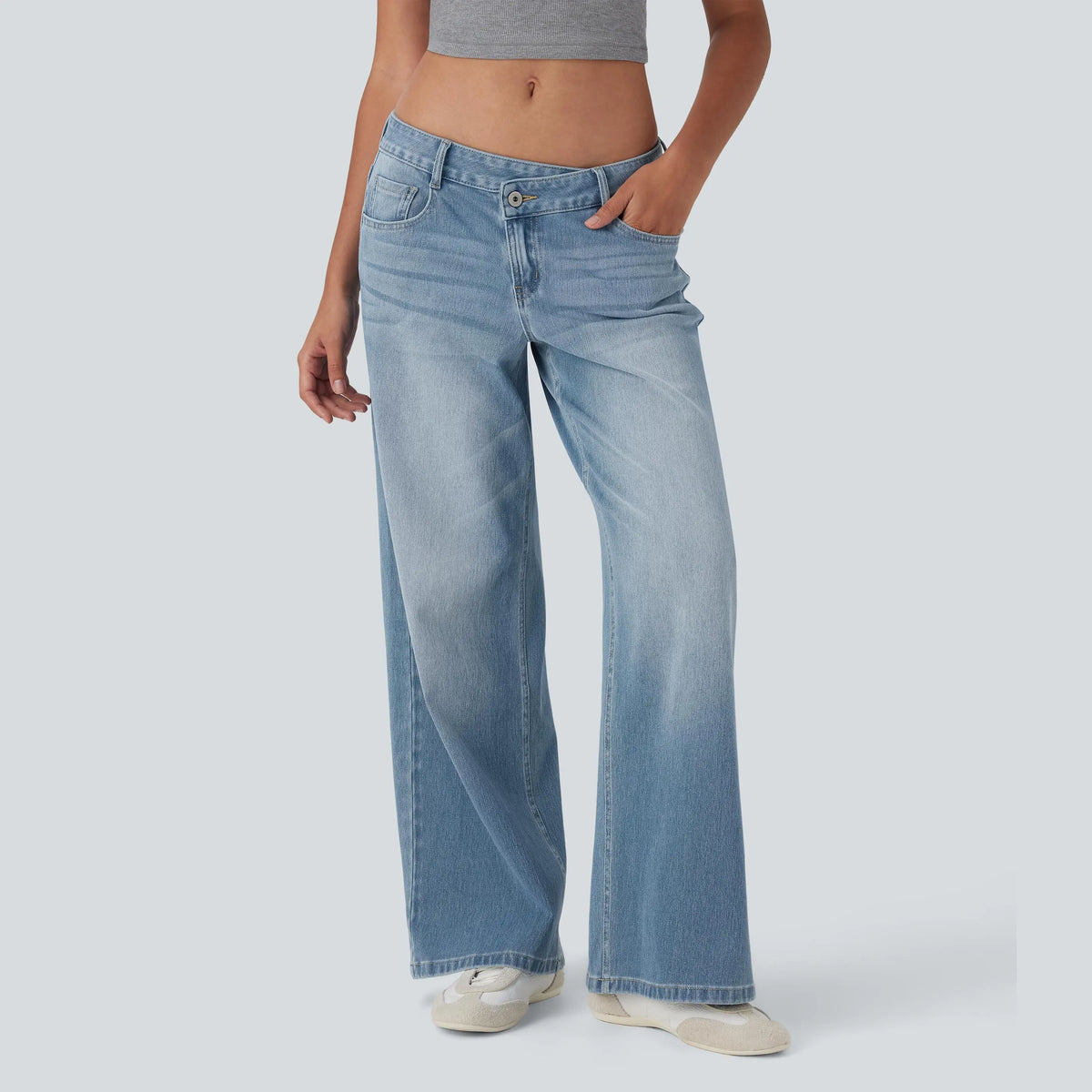 Asymmetrical low-rise loose wide-leg washed casual jeans