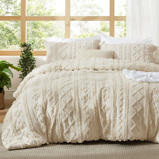 Tufted Bohemian Bedding Set 3-Piece – Breathable Comforter with 2 Pillowcases