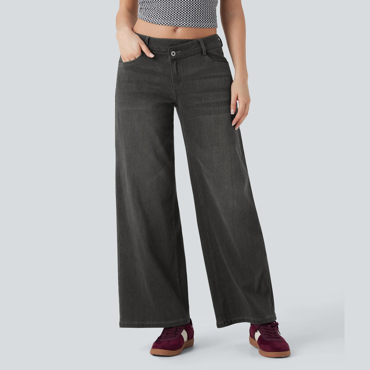 Asymmetrical low-rise loose wide-leg washed casual jeans