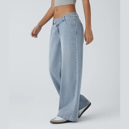 Asymmetrical low-rise loose wide-leg washed casual jeans